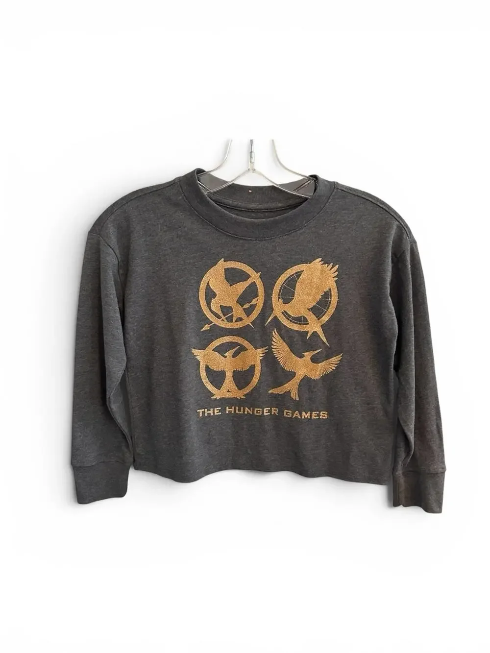 GAP Kids Hunger Games Girls long sleeve Tee Gray Gold SMALL 6-7 Cotton Shirt NWT